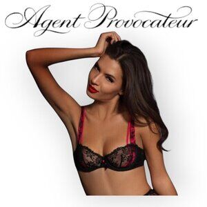 Agent Provocateur Maddy Balconette Bra Fuchsia Black Lace Silk Satin 34C